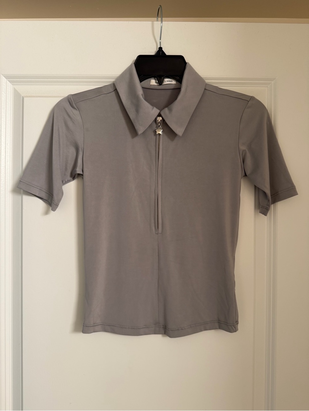 Sandy Liang Gray Short-Sleeve Zip Polo Top